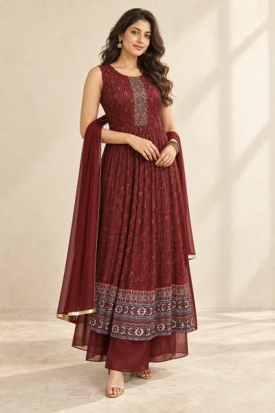 Wine Embellished Anarkali Set